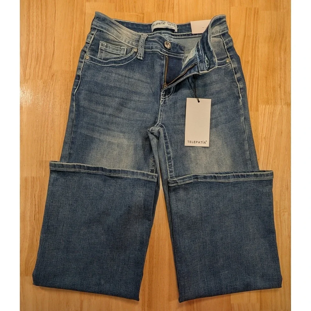 Telepatia Wide Leg Jeans Blue Denim Rhinestone Button GR25015 Mens Size 7/28 NEW